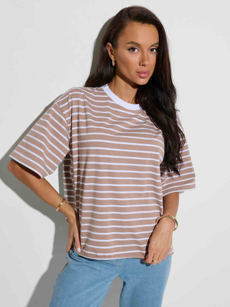 Футболка оверсайз в полоску, бежево-белая