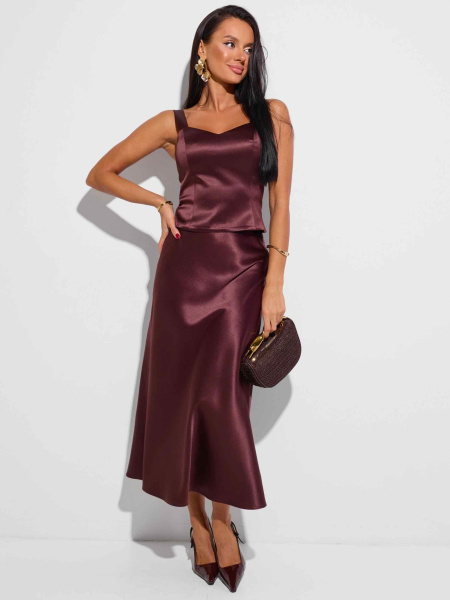 Атласная юбка-миди, горький шоколад 