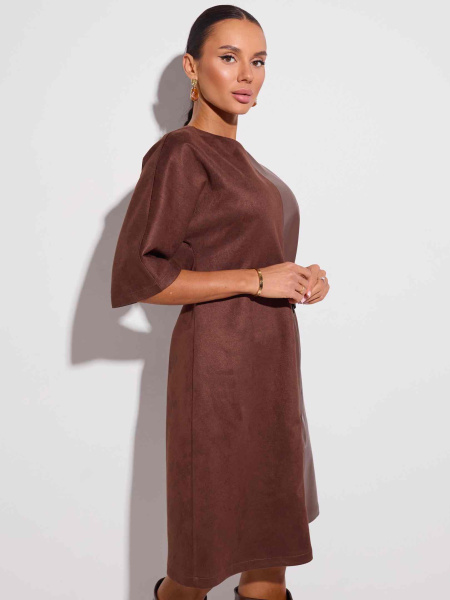 Платье комбинированное из экокожи и экозамши, горький шоколад 