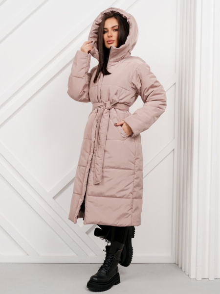 Пальто женское зимнее с капюшоном, бежево-розовое