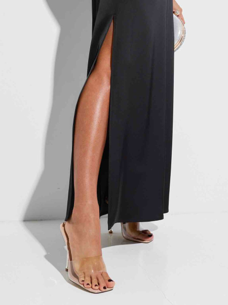 Платье атласное макси на регулируемых бретельках, черное