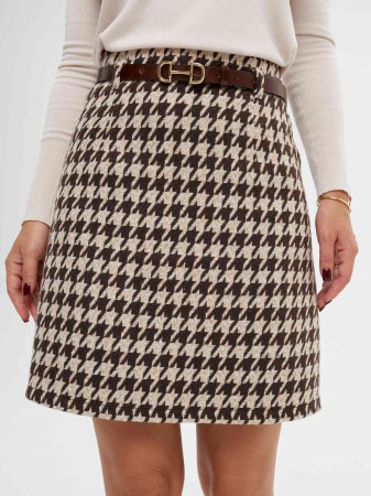 Костюм из твида «гусиная лапка» с юбкой, коричнево-бежевый