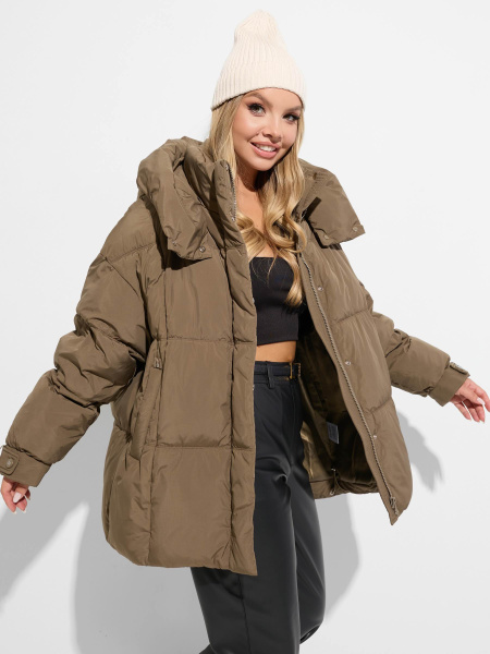Зимний пуховик удлиненный с капюшоном, коричневый
