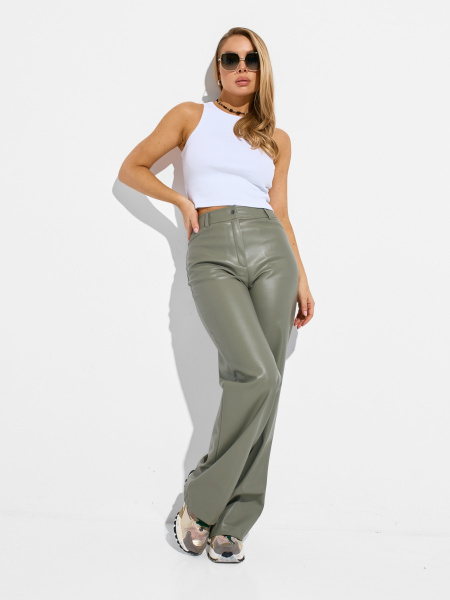 Женские брюки из эко-кожи прямого кроя, оливковые