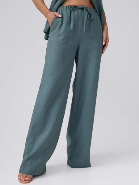 Льняные брюки-палаццо летние, серо-зеленые