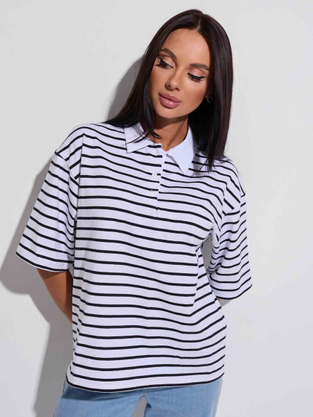 Футболка поло оверсайз в полоску, бело-черная