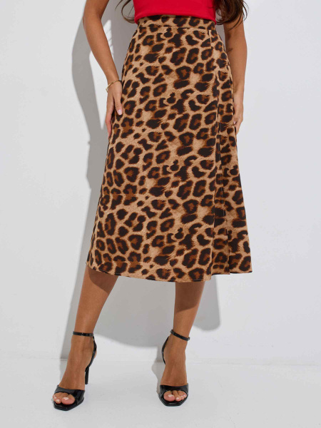 Юбка-миди с разрезом сбоку, крупный леопард