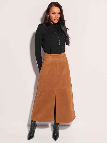 Юбка-трапеция из экозамши с разрезом, коричневая