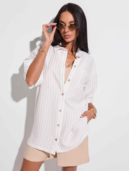 Рубашка в полоску с коротким рукавом, бело-бежевая