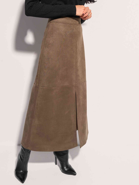 Юбка-трапеция из экозамши с разрезом, оливковая