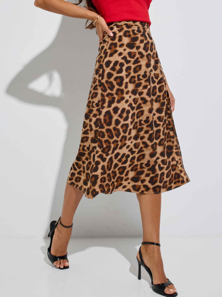 Юбка-миди с разрезом сбоку, крупный леопард