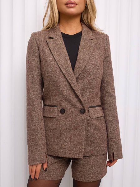 Женский двубортный жакет из твида, коричневый