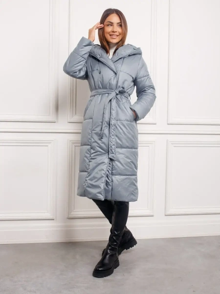 Пальто двубортное с капюшоном зимнее, серо-зеленое