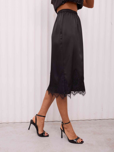 Юбка атласная с кружевом, черный/черный