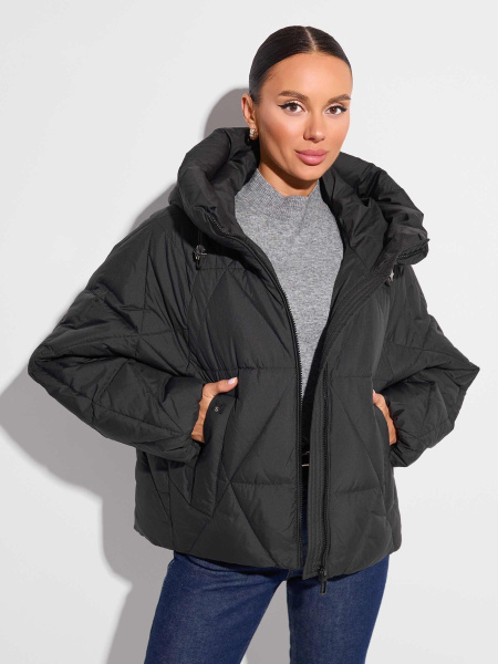 Зимний пуховик укороченный с капюшоном, черный#1