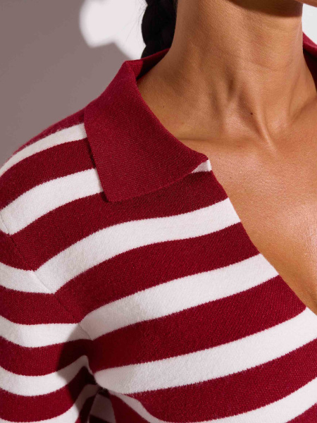 Джемпер в полоску с отложным воротником, бордовый с белым